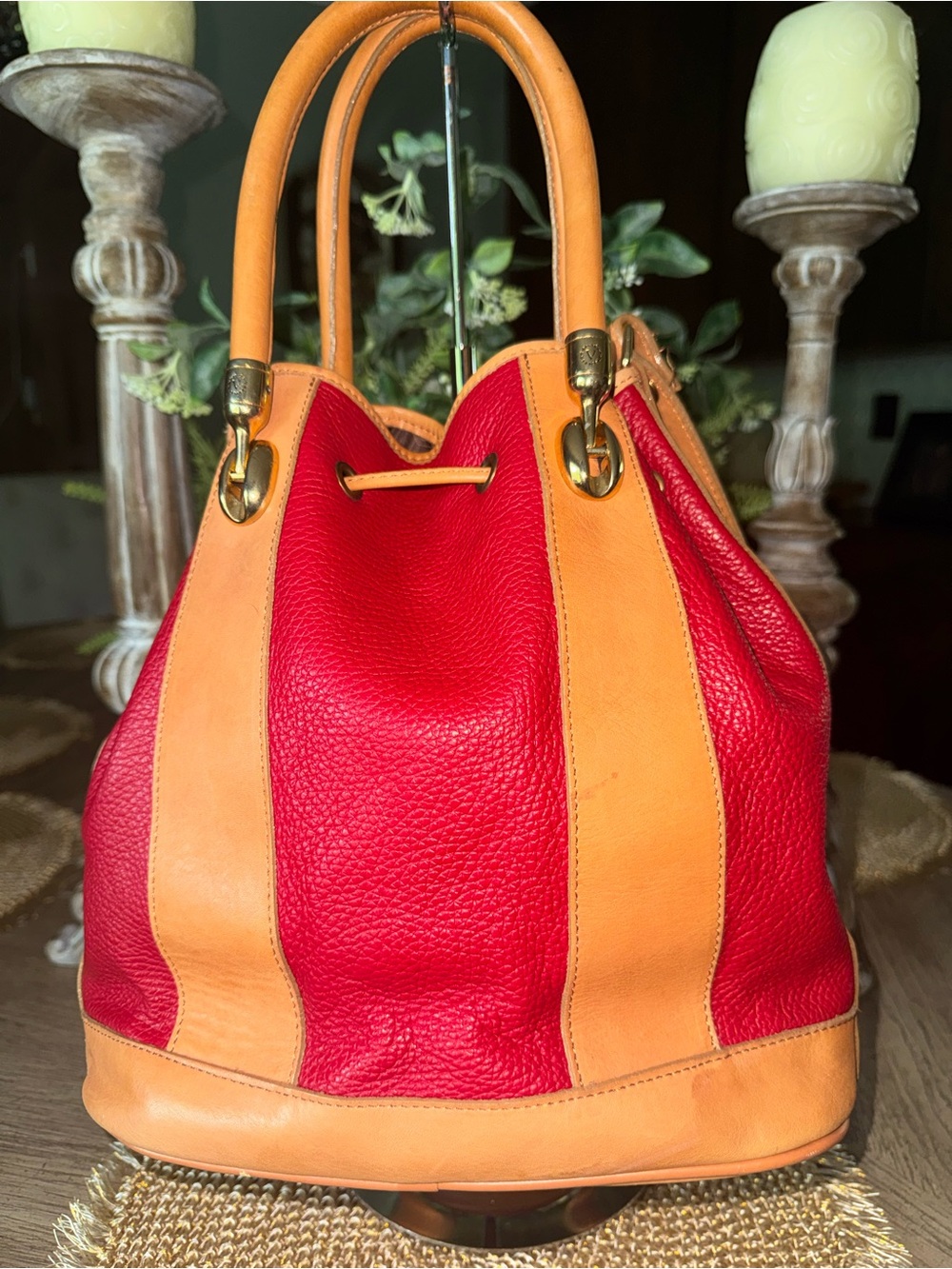 Valentina Red & Tan Leather Drawstring Bucket Bag - Picture 3 of 9